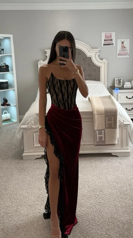 GAIA BURGUNDY LACE VELVET CORSET SLIT GOWN Lace Dress Layers