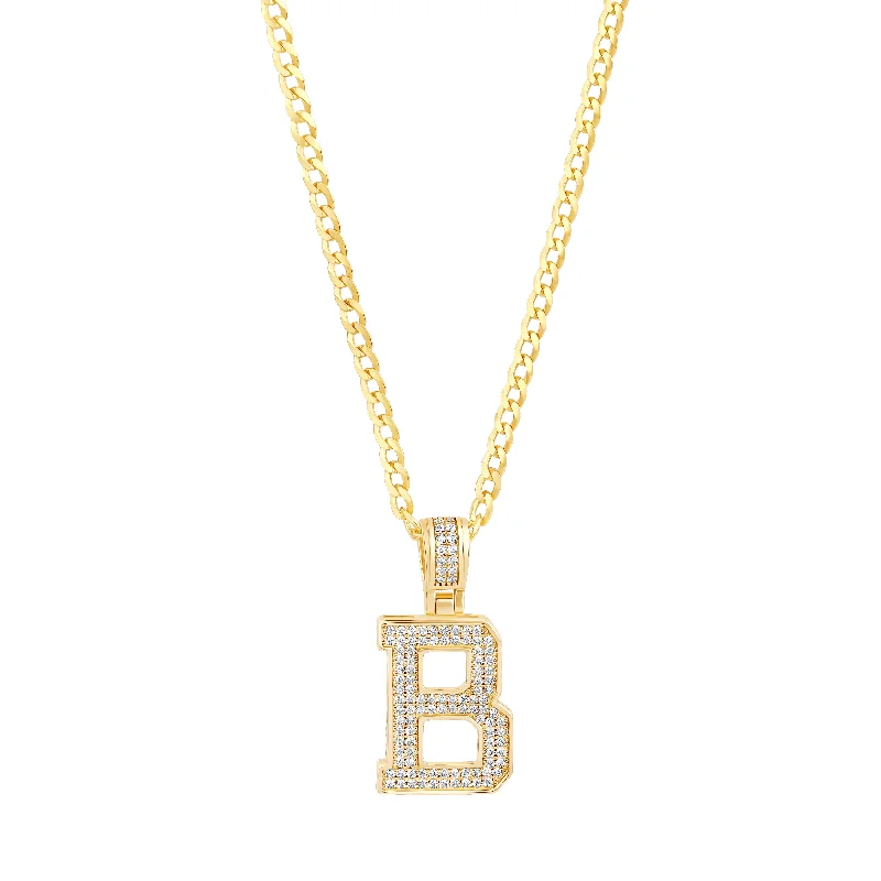 The Iced Out Varsity Letter Pendant Necklace | 18KT Gold Vermeil & Sterling Silver Lace Dress Casual