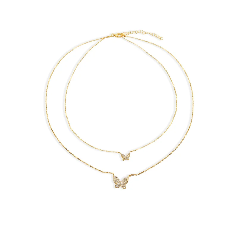 The Double Chain Pave Layering Butterfly Necklace | 18KT Gold Vermeil & Sterling Silver Lace Dress Vibe