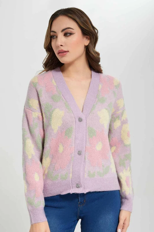 Women Purple Floral Knitted Cardigan Women's budget jackets