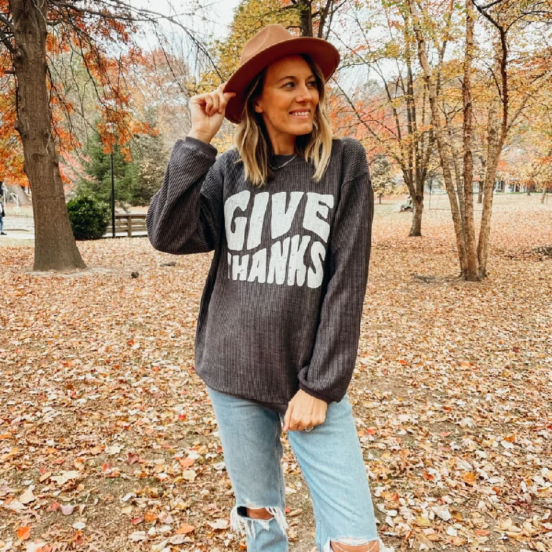 Give Thanks Corded Crew - Charcoal Oversized Hoodies for Women