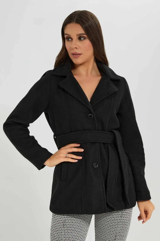 Women Black Hooded Belted Coat Women's college jackets