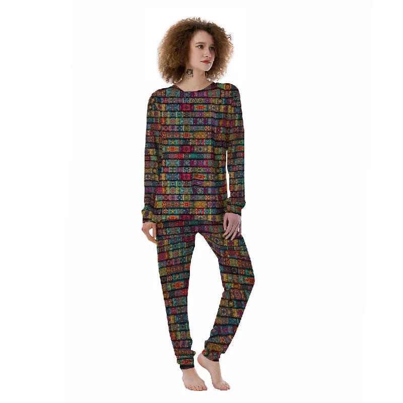 Mandala Bohemian Rectangle Print Pattern Women's Pajamas Discounted pajama sets