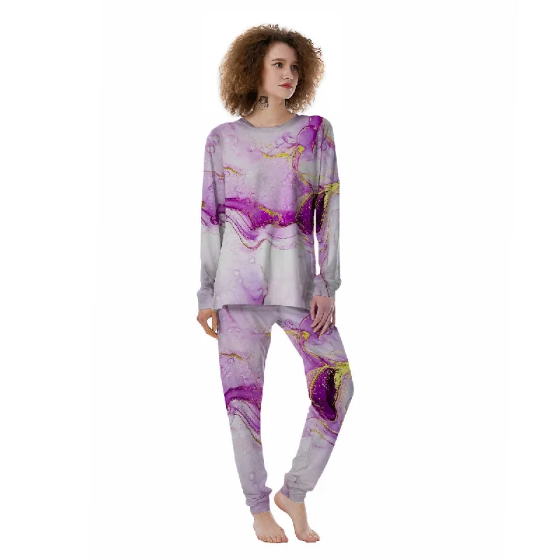 Marble Liquid Purple Print Pattern Women's Pajamas Long sleeve pajama sets