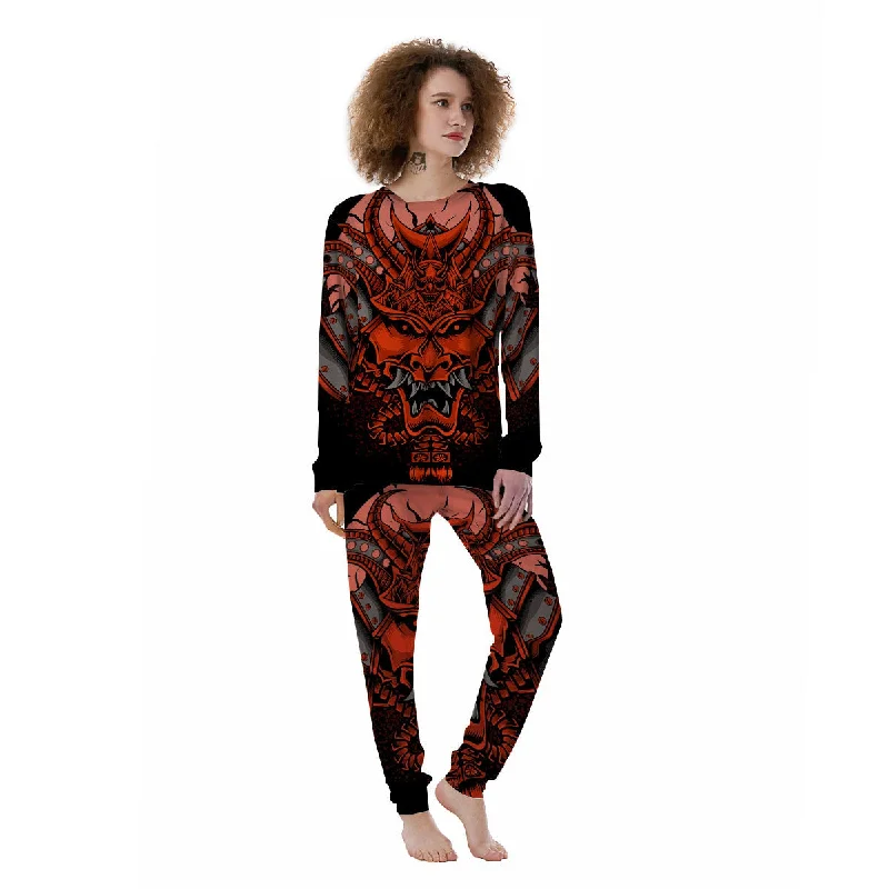 Mask Red Samurai Print Women's Pajamas Linen pajama sets