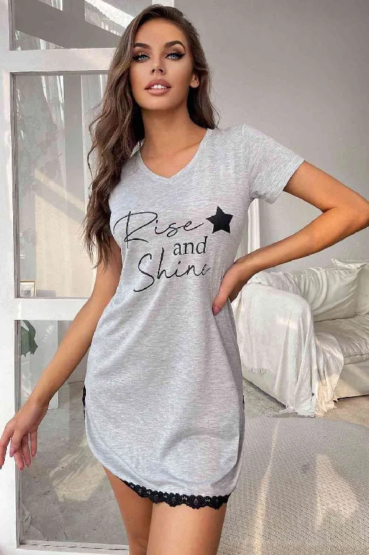 RISE AND SHINE Contrast Lace V-Neck Pajama T-Shirt Dress Three-piece pajama sets