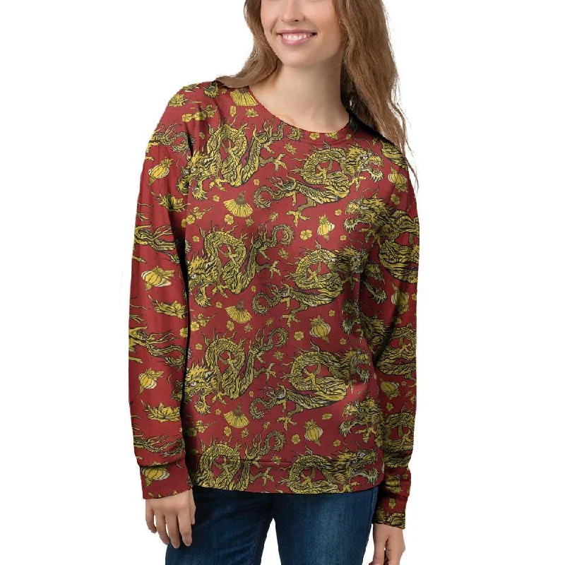 Golden Chinese Dragon Floral Print Women's Sweatshirt Trendy oversized sweaters