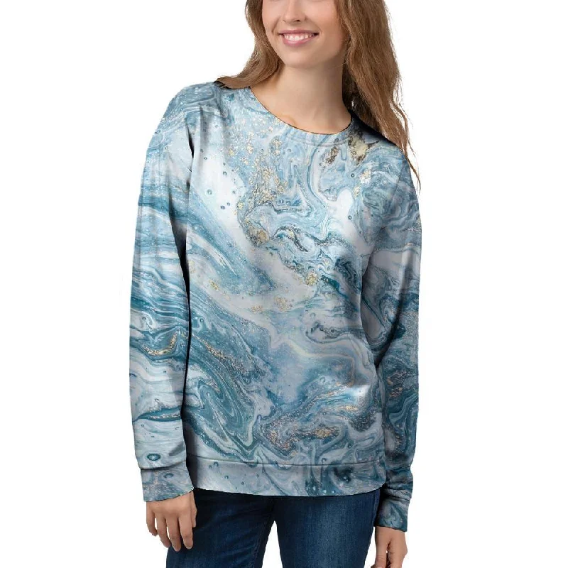 Golden Powder Blue Marble Women's Sweatshirt Best sweaters for cozy nights