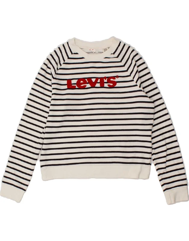 LEVI'S Womens Graphic Sweatshirt Jumper UK 14 Medium Navy Blue Striped Warm sweaters