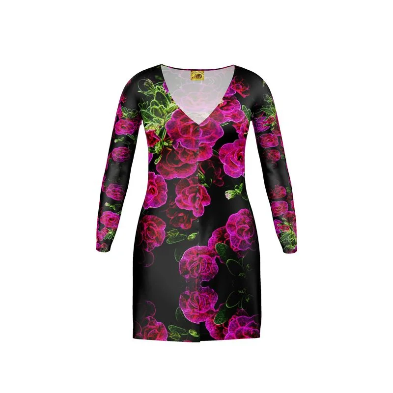 Floral Embosses: Roses 02-01 Designer V-neck Cardigan Mini Dress Denim mini dresses