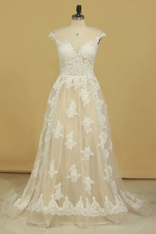 Court Train Scoop A Line Wedding Dresses Tulle With Applique Modern Wedding Gown