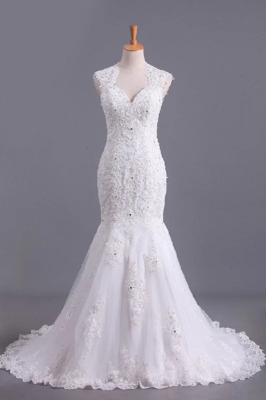 2024 Hot Mermaid/Trumpet Wedding Dresses With Applique & Beads Open PT3MPAKP Sleeveless Wedding Dress