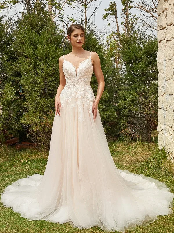 A-Line/Princess Tulle Applique V-neck Sleeveless Court Train Wedding Dresses Formal Wedding Dress