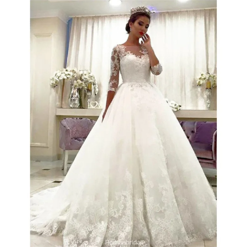 Amazing 3/4 Sleeves Lace Bateau Neck Ball gown, Wedding Dresses With Train, WD0407 White Lace Gown