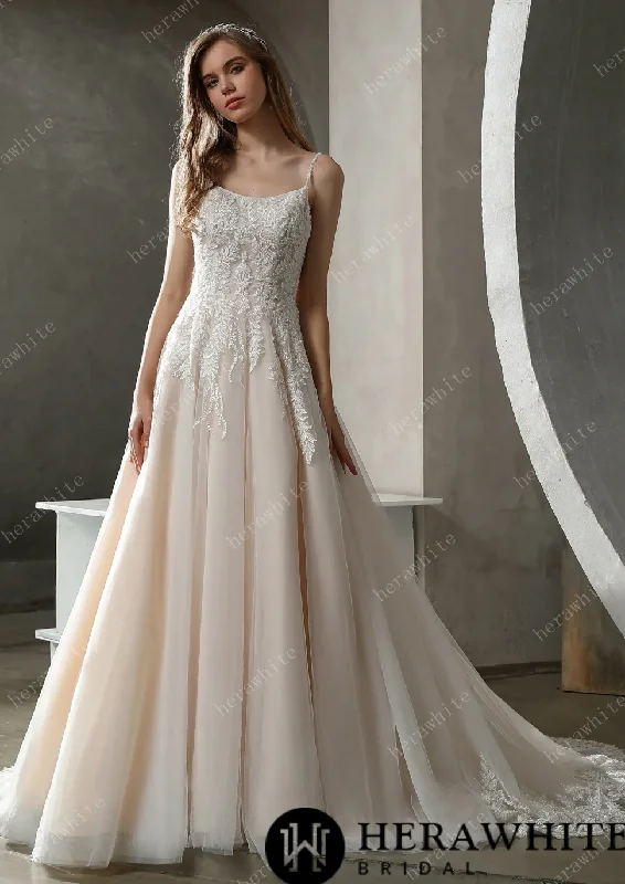 Beaded Lace A-line Wedding Gown with Scoop Neckline Empire Waist Gown