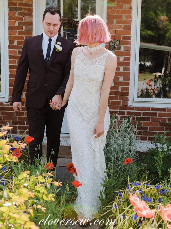 Beaded Rosy Lace Sleeveless Round Neck Sheath Wedding Dresses, CW0274 Sexy Wedding Dress