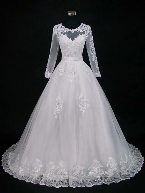 Lace Appliques Pearls Long Sleeves Wedding Dresses Ruffle Wedding Gown