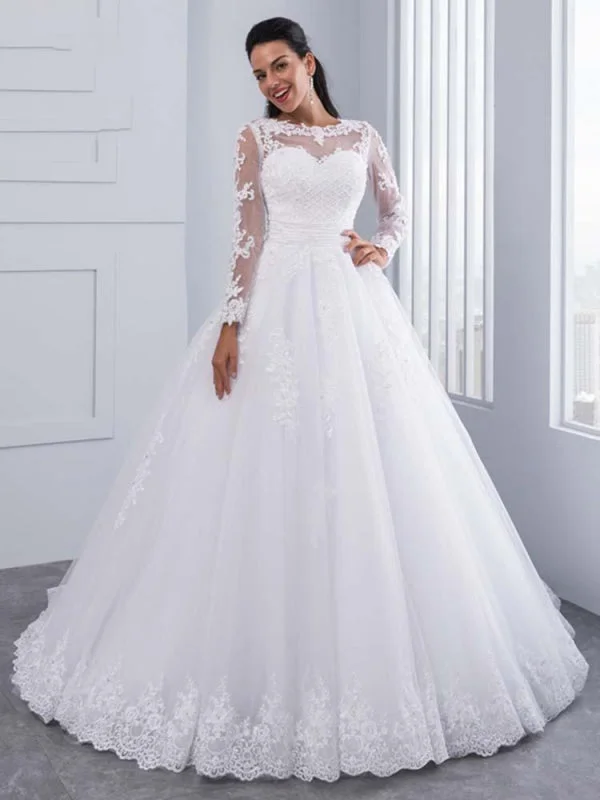 Elegant Long Sleeves Lace Appliques Ball Gown Wedding Dresses Off-shoulder Wedding Gown