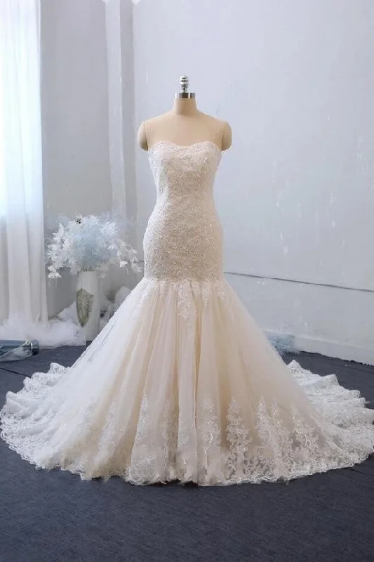 Classy Sweetheart Backless Tulle Long Mermaid Wedding Dress with Lace Appliques Ball Gown Wedding