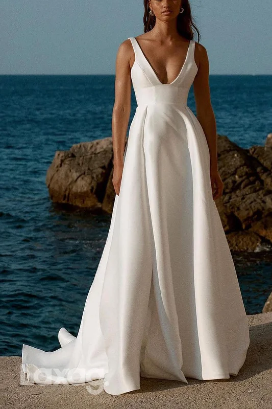 22939 - A-Linie V-Neck Backless Sleek Satin High Slit Elegant Wedding Dress with Train Strapless Lace Dress