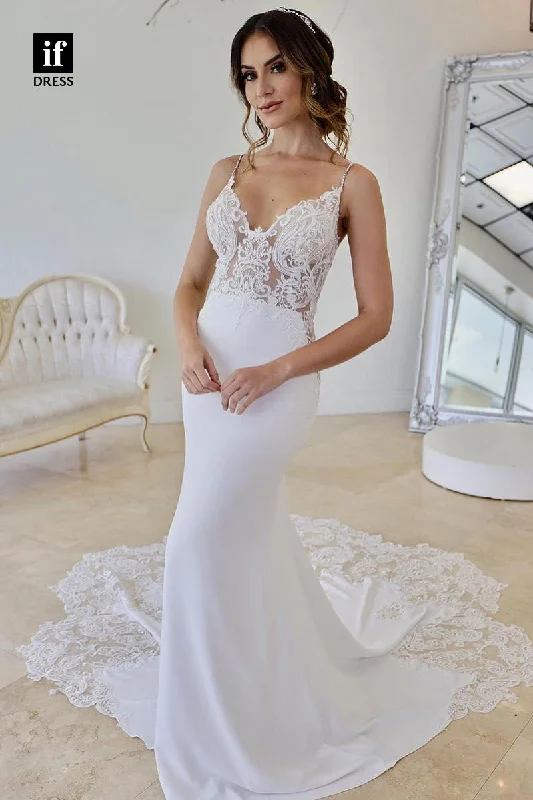 30599 - Sexy Spaghetti Straps V-Neck Appliques Trumpet Wedding Dress Strapless Wedding Gown