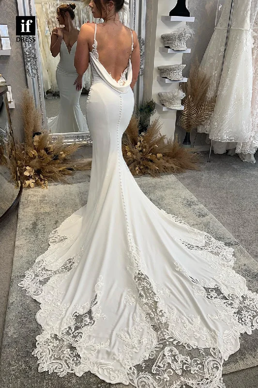 31500 - Illusion Spaghetti Straps V-Neck Satin Appliques Mermaid Wedding Dress Full Skirt Wedding