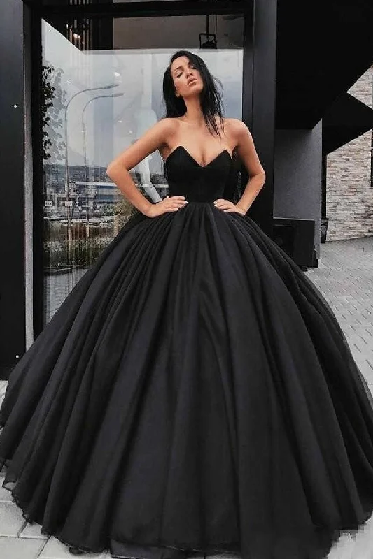 K1355 - Simple Black V-Neck Strapless Ruched Satin Long Ball Wedding Gown Luxury Wedding Dress