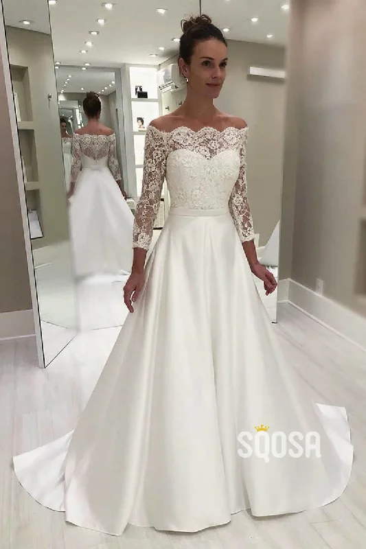 A-line Off-the-Shoulder Lace Long Sleeves Rustic Wedding Dress QW2266 Satin Bridal Gown