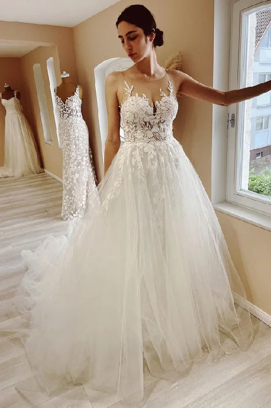 Elegant A Line V Neck Tulle Wedding Dresses with Appliques Floral Lace Wedding