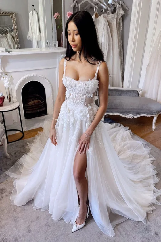 Fairy A Line Scoop Neck Tulle Long Wedding Dresses with Lace Chic Lace Dress