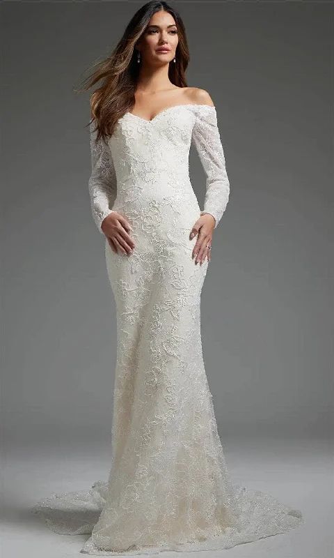 Jovani JB40591 - Lace Long Sleeve Bridal Gown Simple Satin Gown