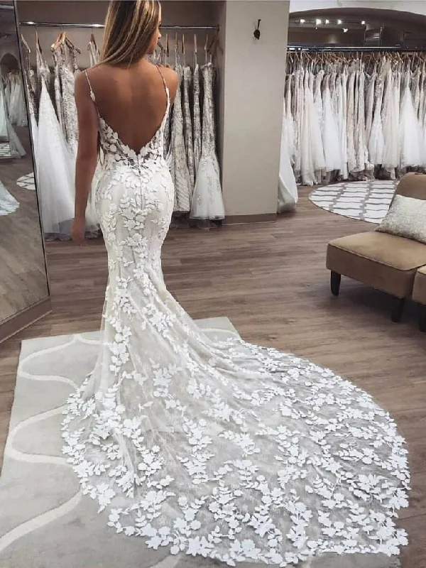 Mermaid Spaghetti Straps V-neck Lace Appliques Long Wedding Dresses, WD0473 Silk Bridal Dress