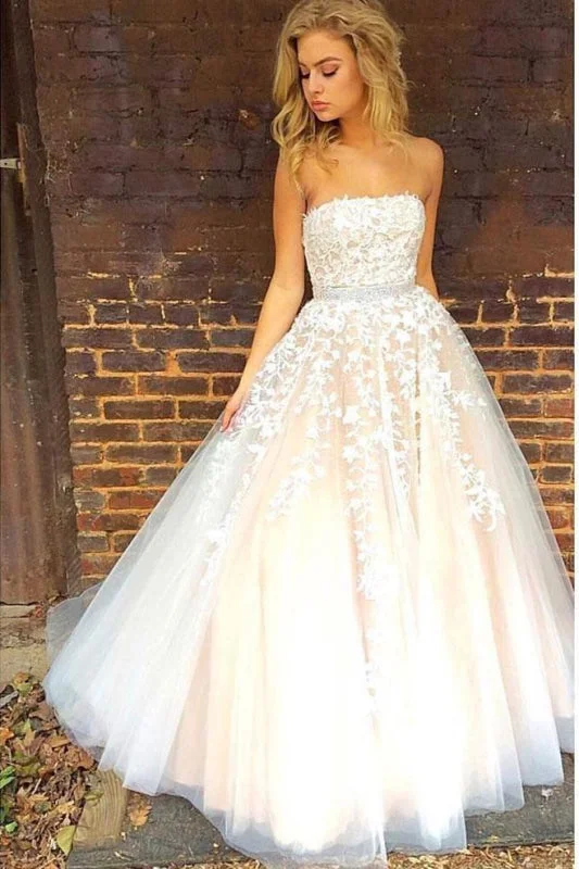 Princess A-line Strapless Tulle Long with Lace Appliques Wedding Dress Open Back Dress