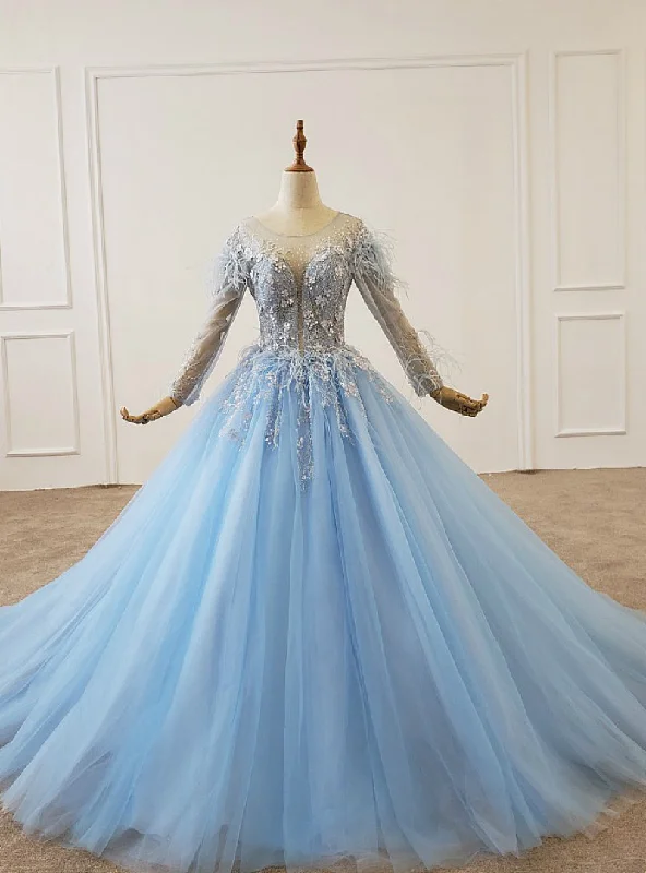 Sky Blue Tulle Long Sleeve Backless Appliques Beading Wedding Dress Lace A-line Dress