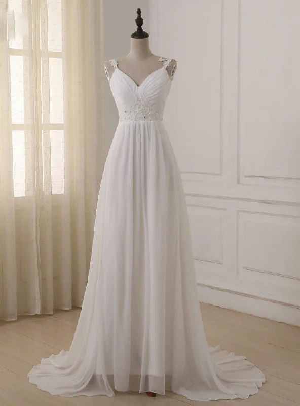 Spaghetti Straps Chiffon Floor Length Backless Wedding Dress Sheer Wedding Dress