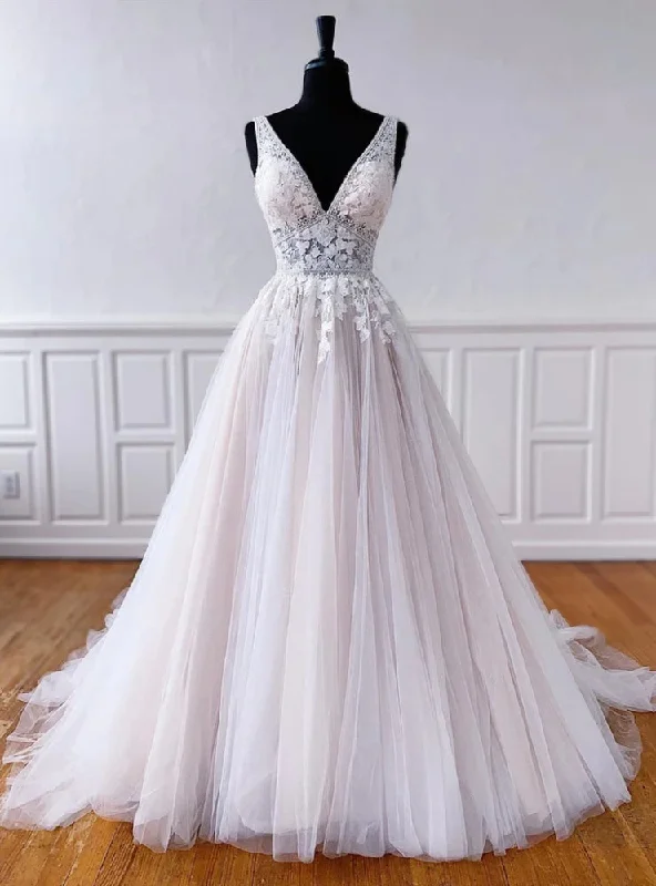 Tulle V-neck Lace Backless Wedding Dress A-line Bridal Dress