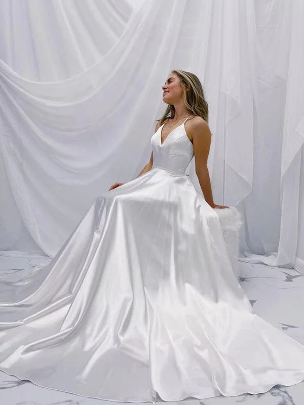 V-neck Satin Wedding Dresses, Simple A-line Wedding Dresses, New Arrival 2022 Bridal Gowns Modern Bridal Gown