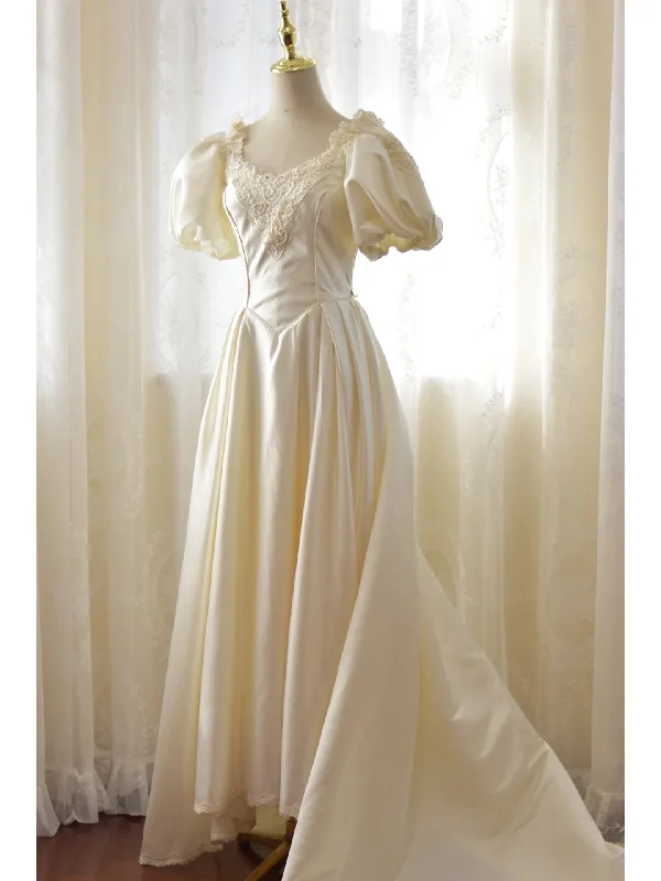 Vintage Satin 80s Wedding Dress with Flattering Puffy Sleeves Boho Wedding Gown