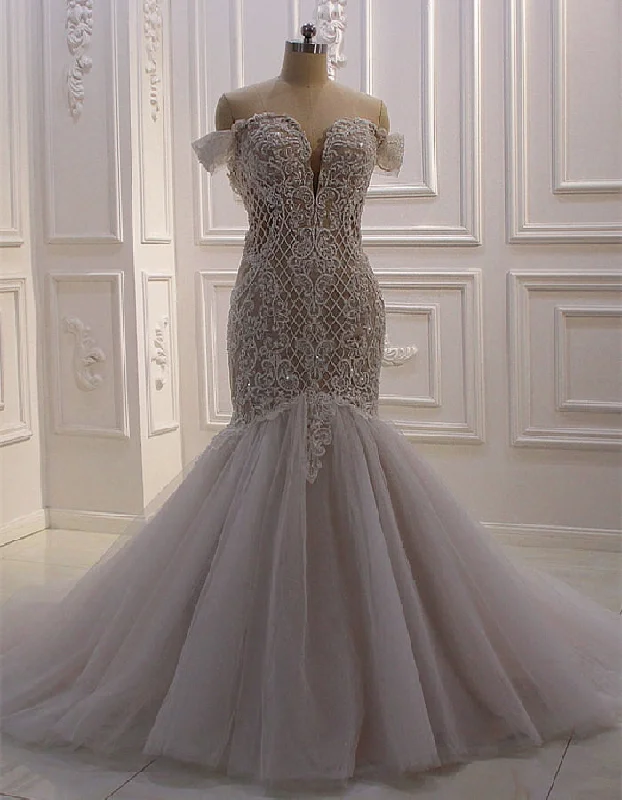 White Mermaid Tulle Appliques Sequins Beading Wedding Dress Ruffled Wedding Dress