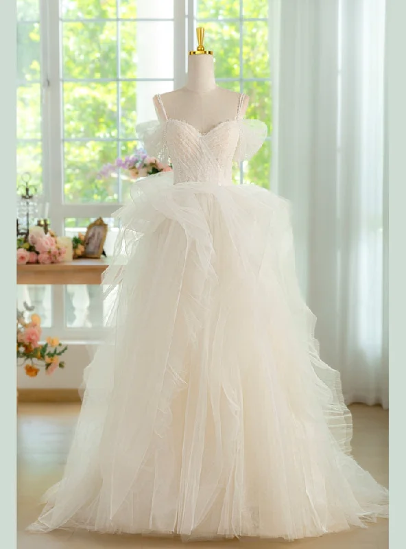 White Tulle Spaghetti Straps Pleats Beading Wedding Dress Elegant Bridal Gown