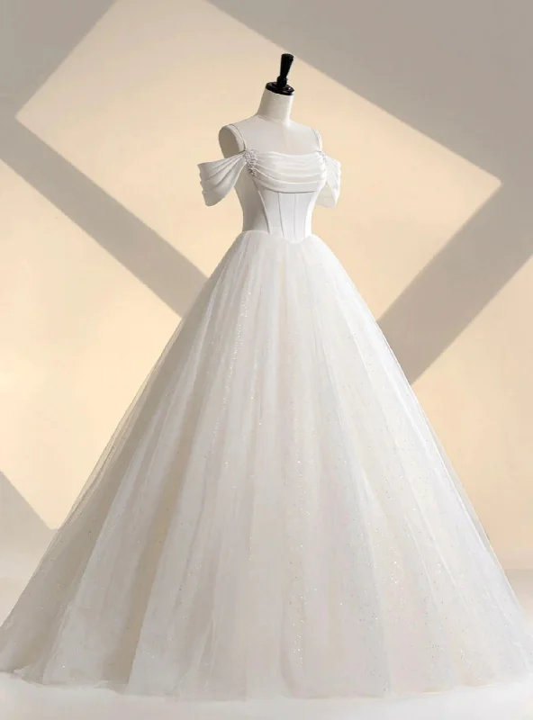 White Tulle Spaghetti Straps Pleats Wedding Dress A-line Wedding Gown