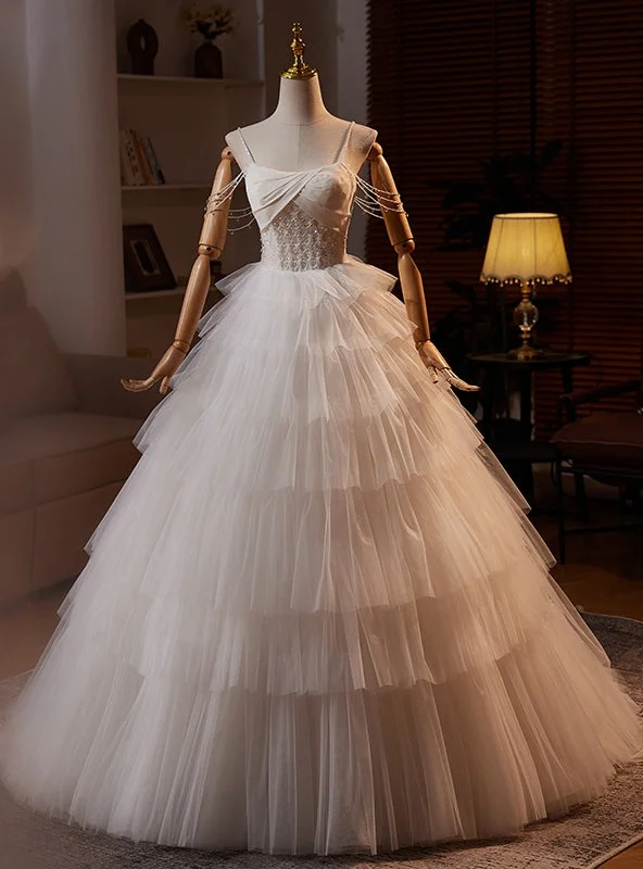 White Tulle Spaghetti Straps Tiers Wedding Dress Tiered Wedding Dress