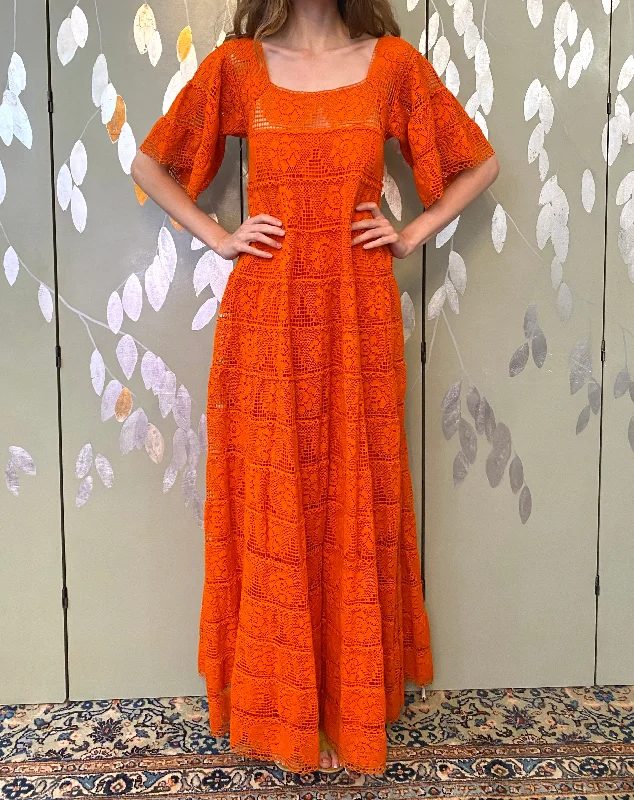 Vintage 1970s Orange Cotton Lace Tachi Castillo Mexican Maxi Dress, XS Fashion-forward maxi dresses