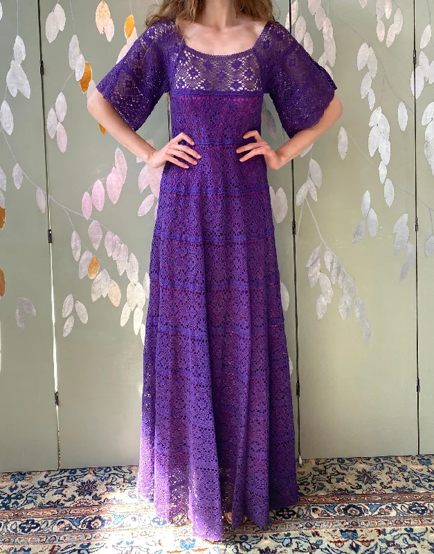 Vintage 1970s Purple Cotton Lace Tachi Castillo Mexican Maxi Dress, XS Office maxi dresses