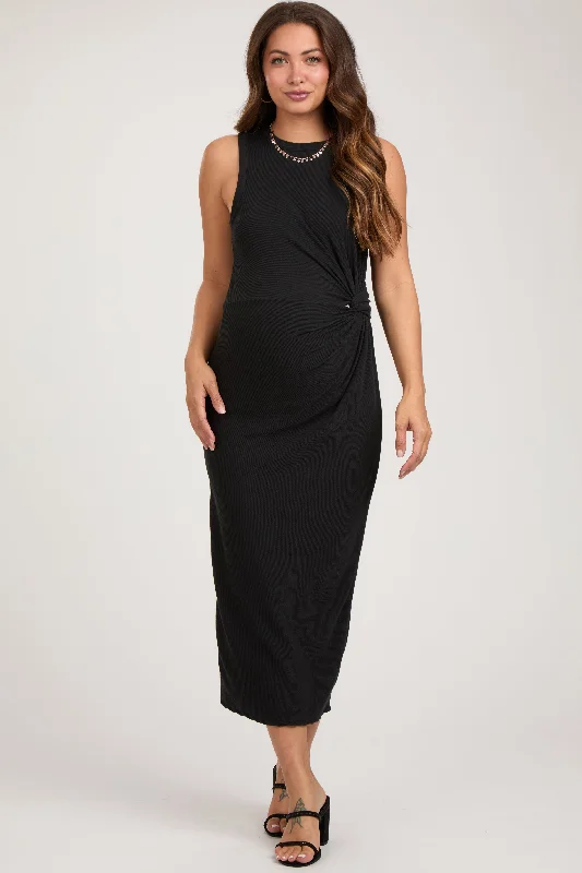 Black Rib Knit Sleeveless Side Twist Maternity Midi Dress Beach midi dresses