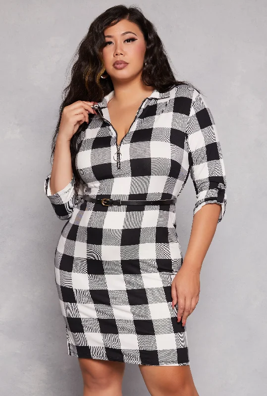 Plus Size Plaid Half Zip Belted Midi Dress Best midi dresses for petites