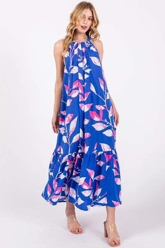 Blue Halter Leaf Print Midi Dress Preppy midi dresses