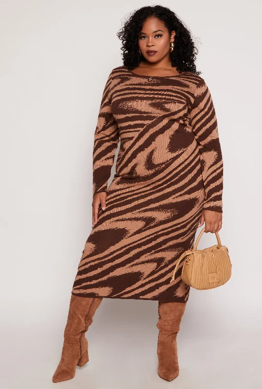 Plus Size Almost Famous Printed Midi Sweater Dress Discounted midi dresses