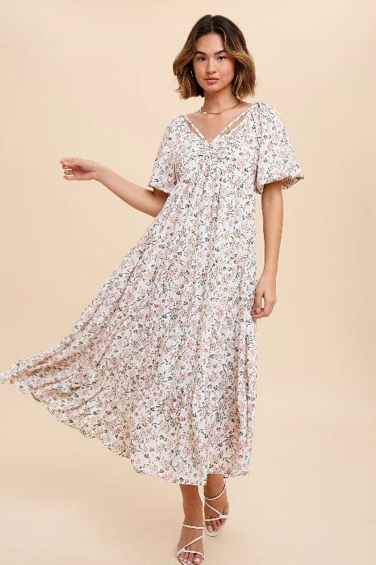 Cream Floral Ruched Strappy V-Neck Front Puff Short Sleeve Midi Dress Off-shoulder midi dresses