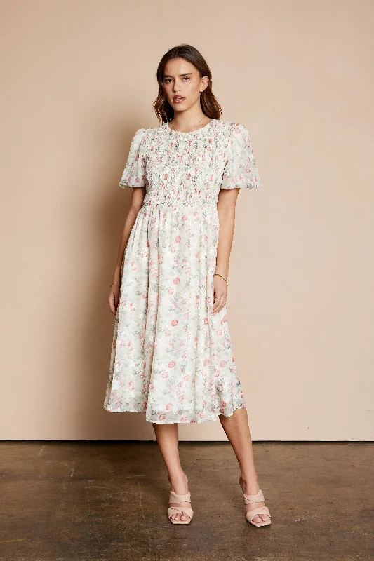 Cream Floral Smocked Puff Sleeve Midi Dress Urban Outfitters midi dresses